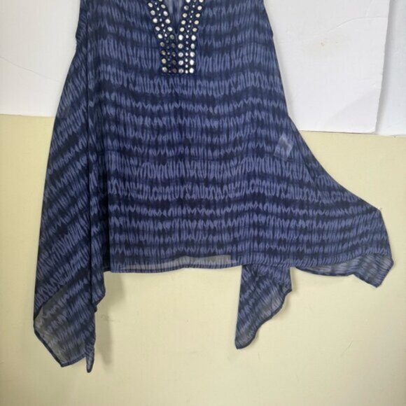 Michael Kors Beaded Asymmetrical Boho Top VNeck Lightweight Blouse Print Blue S - Picture 5 of 16